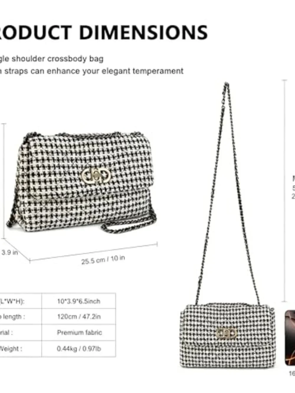 Tweed Quilted Crossbody Bag with Leather Chain, Evening Clutch for Weddings